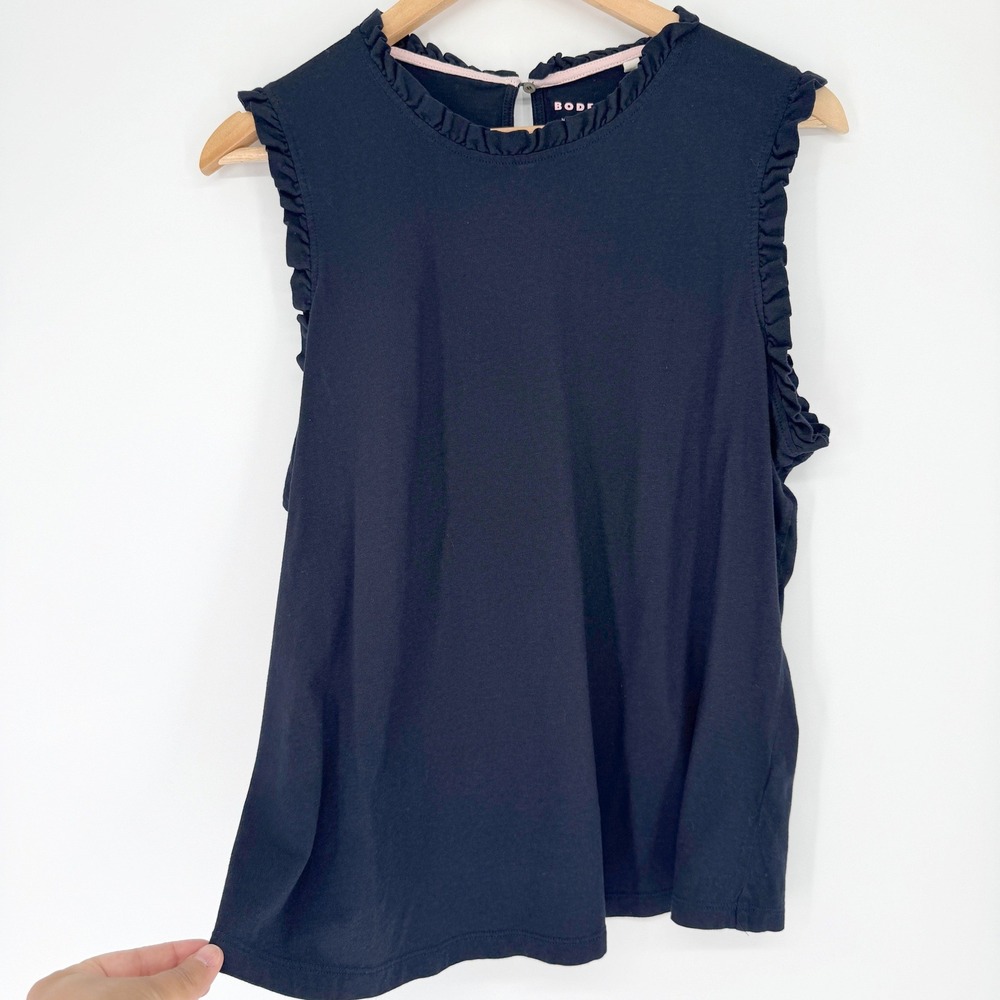 Boden Ruffle Sleeveless Tank Top US 16/18 Navy Blue Cotton Modal Preppy Classic